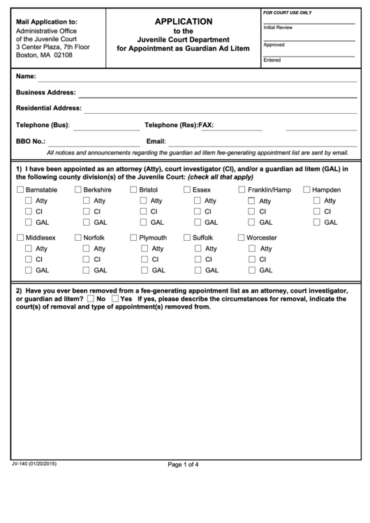 Form Jv-140 - Application To The Juvenile Court Department For Appointment As Guardian Ad Item