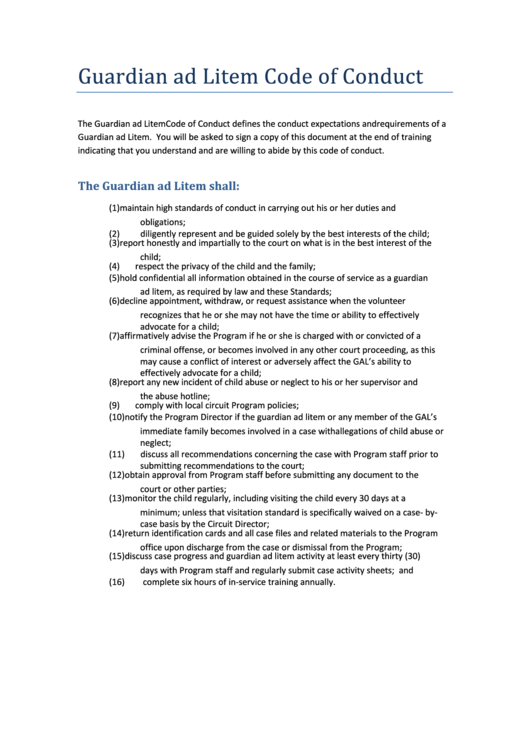 Guardian Ad Litem Code Of Conduct Template Printable pdf