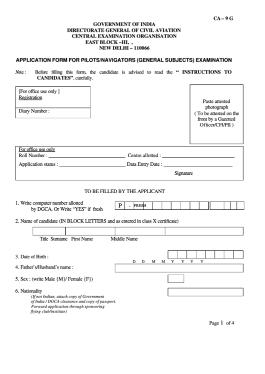 Form Ca 9g Application Form For Pilots navigators General Subjects Examination Printable Pdf