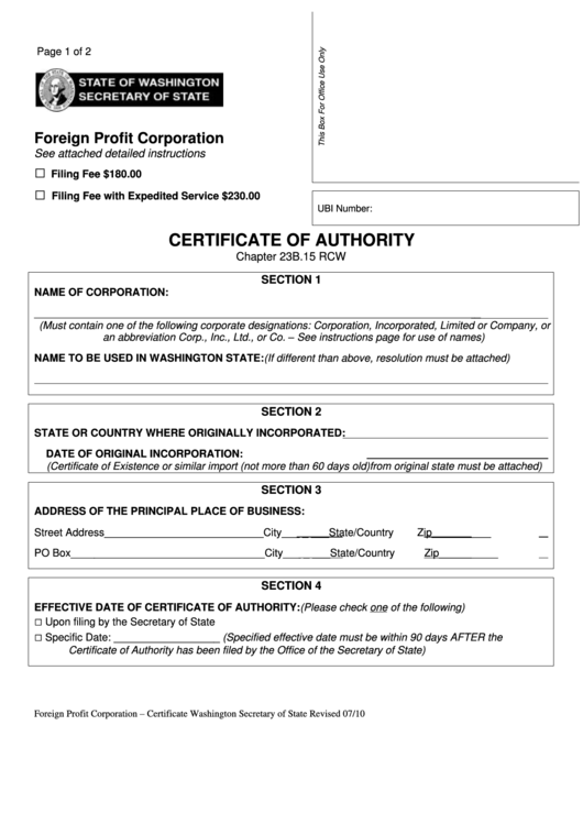 Fillable Certificate Of Authority (Foreign Profit Corporation) - Washington Secretary Of State Printable pdf