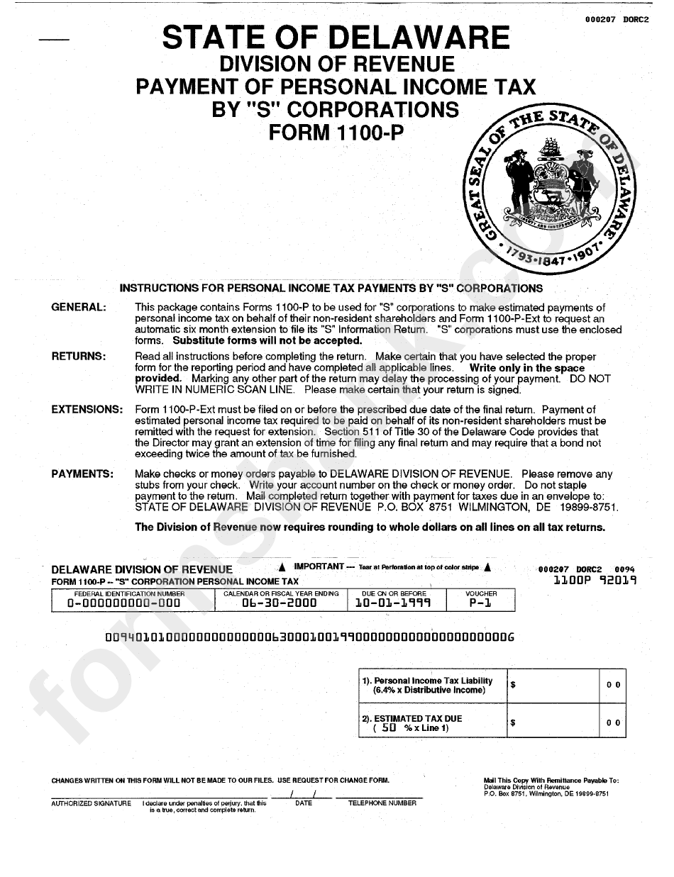 Form 1100-P - Payment Of Personal Income Tax By "S" Corporations