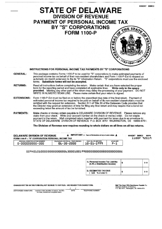 Form 1100-P - Payment Of Personal Income Tax By "S" Corporations Printable pdf