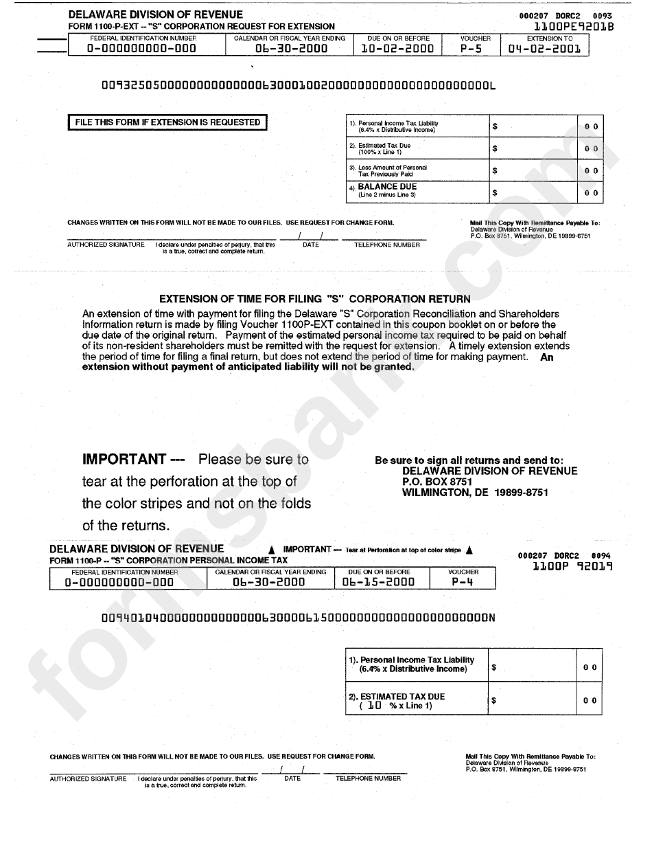 Form 1100-P - Payment Of Personal Income Tax By "S" Corporations