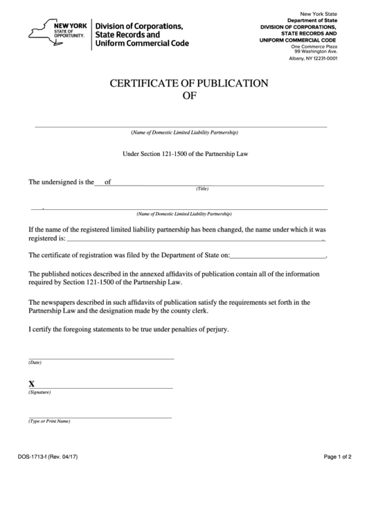 Fillable Form Dos-1713-F - Certificate Of Publication Printable pdf