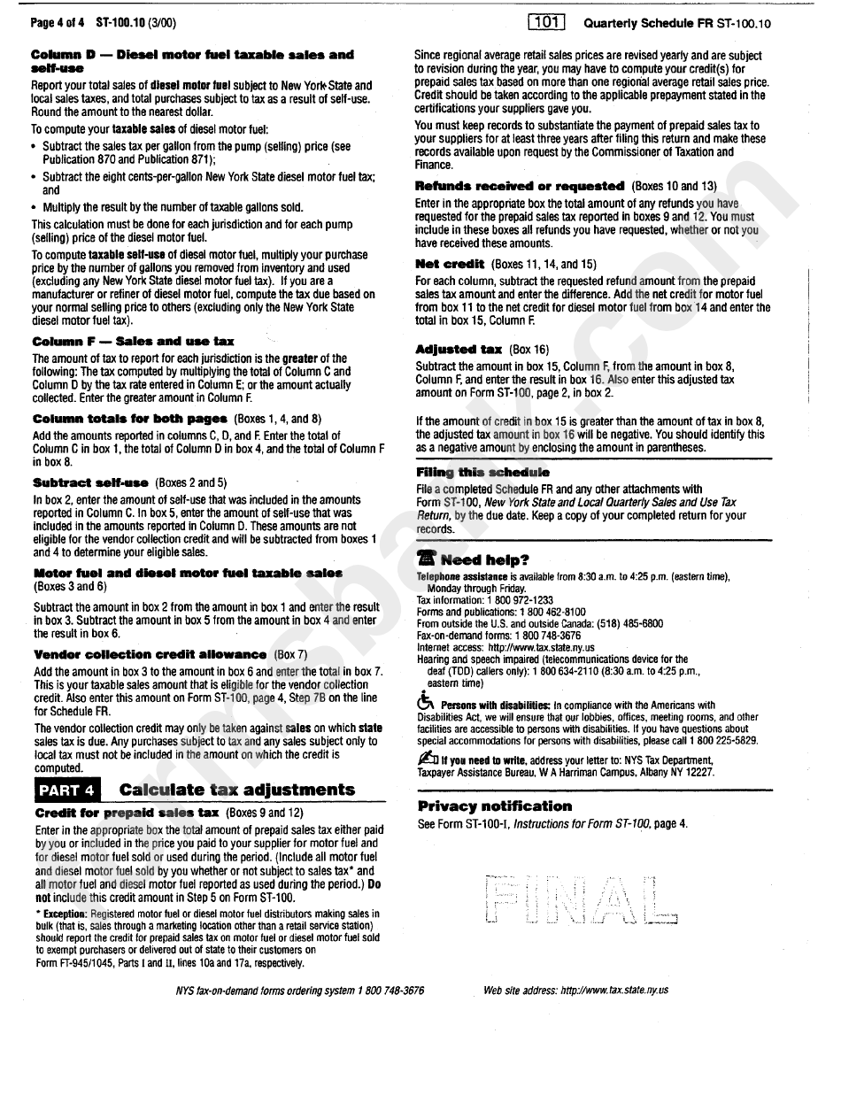 Form St 100 Schedule Fr Instructions - Sales And Use Tax On Motor Fuel And Diesel Motor Fuel