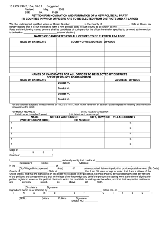 Fillable Petition For Nomination And Formation Of A New Political Party (In Counties In Which Officers Are To Be Elected From Districts And At-Large) Printable pdf
