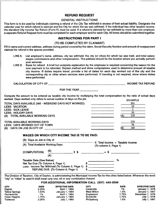 Refund Request Form - City Of Dayton Printable pdf