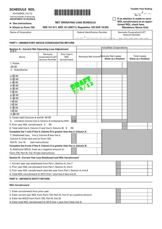 Form 41a720nol - Schedule Nol Draft - Net Operating Loss Schedule - 2012 Printable pdf