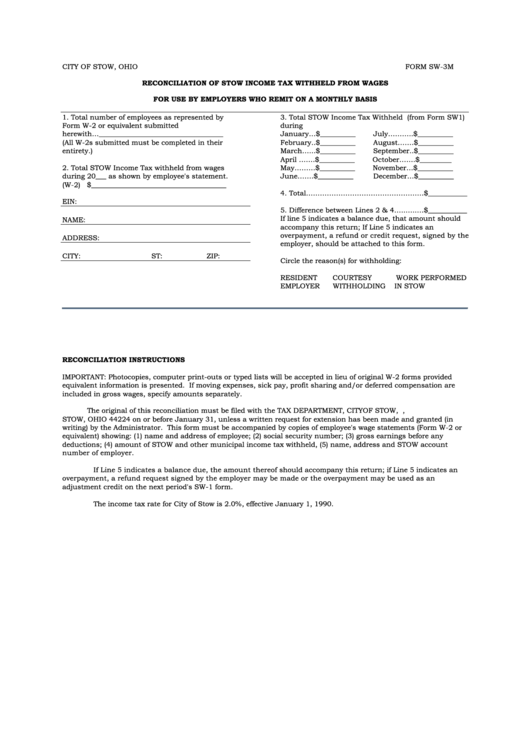 Form Sw-3m - Reconciliation Of Stow Income Tax Withheld From Wages Printable pdf