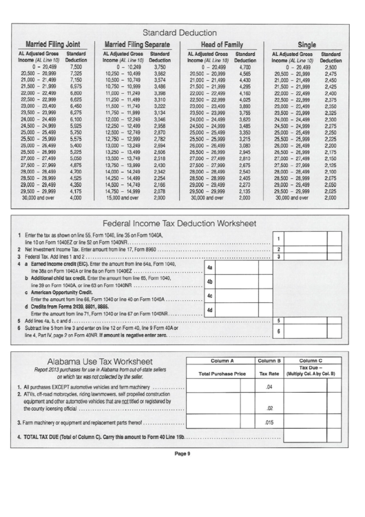 Federal Income Tax Deduction Worksheet And Alabama Use Tax Worksheet Printable pdf