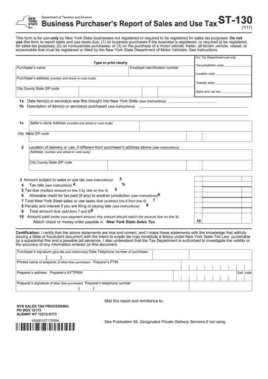 Form St-130 - Business Purchaser's Report Of Sales And Use Tax - New York State Department Of Taxation
