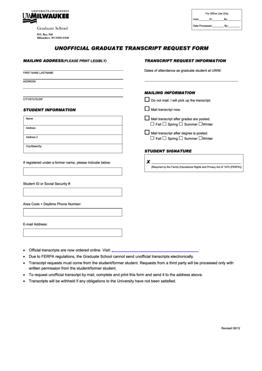 Fillable Unofficial Graduate Transcript Request Form - University Of Wisconsin Printable pdf