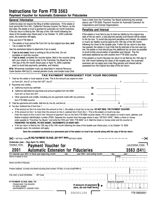 California Form 3563 (541) - Payment Voucher For Automatic Extension For Fiduciaries - 2001 Printable pdf