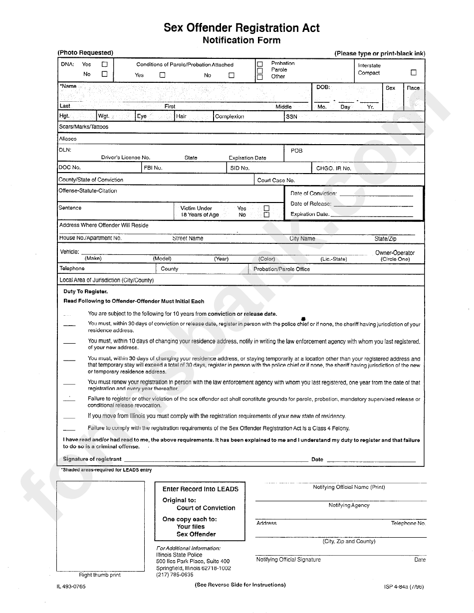 Form Il 493-0765 - Sex Offender Registration Act Notification Form