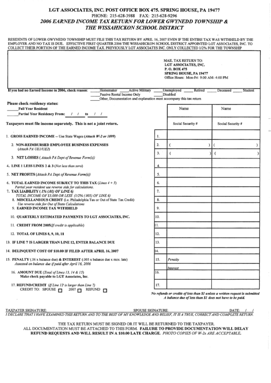 Earned Income Tax Return For Lower Gwynedd Township & The Wissahickon School District - 2006 Printable pdf