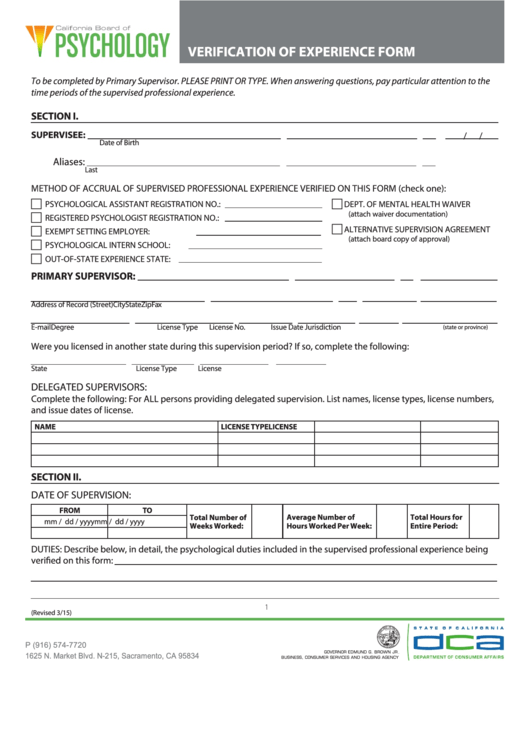 Fillable Verification Of Experience Form - California Board Of Psychology Printable pdf