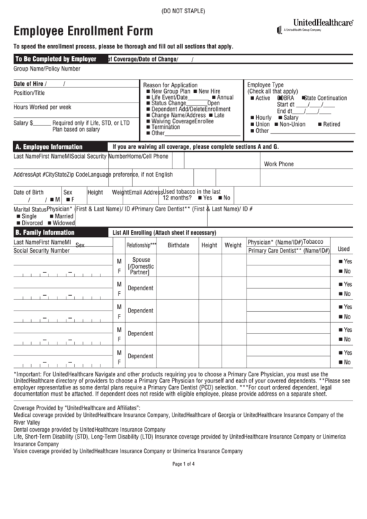Form Sb.eesht.10.ga - Employee Enrollment Form Printable pdf