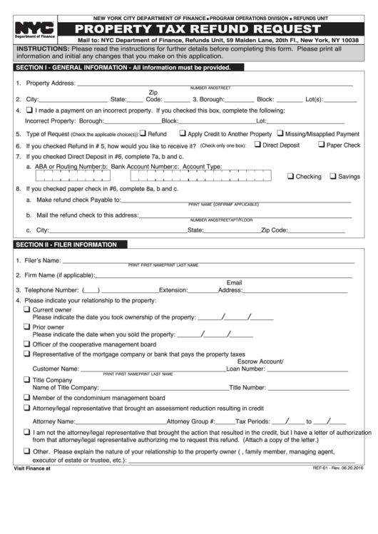 Form Ref-01 - Property Tax Refund Request Printable pdf