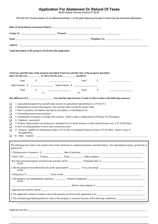 Application For Abatement Or Refund Of Taxes - State Of North Dakota