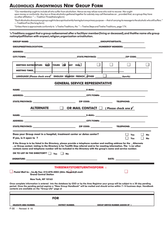 Fillable Form F-30 - Alcoholics Anonymous New Group Form Printable pdf
