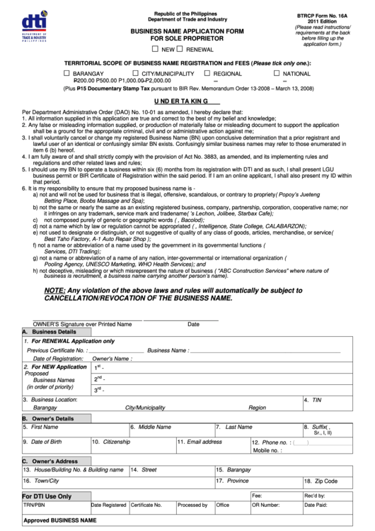 Btrcp Form 16a - Business Name Application Form For Sole Proprietor Printable pdf