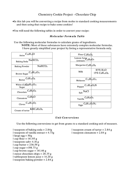 Chemistry Cookie Project Chocolate Chip Worksheet Printable pdf