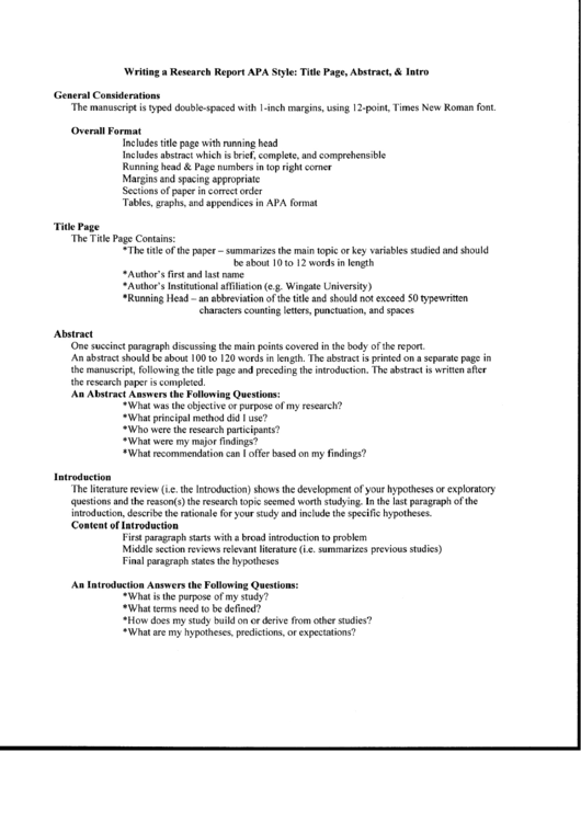 Writing A Research Report Apa Style - Title Page, Abstract & Intro Printable pdf