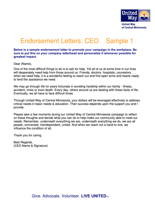 Sample Ceo Endorsement Letters Printable pdf