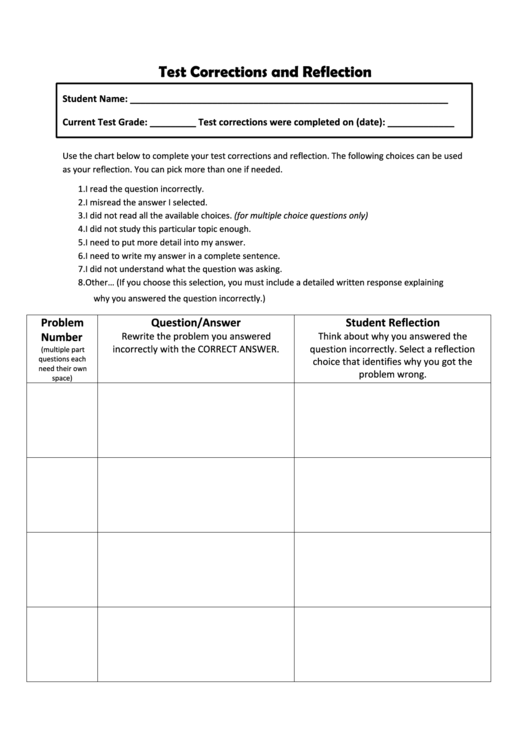 Test Corrections And Reflection Template printable pdf download