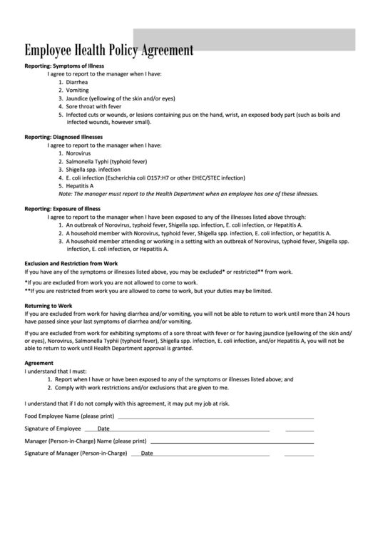 Employee Health Policy Agreement Template Printable pdf