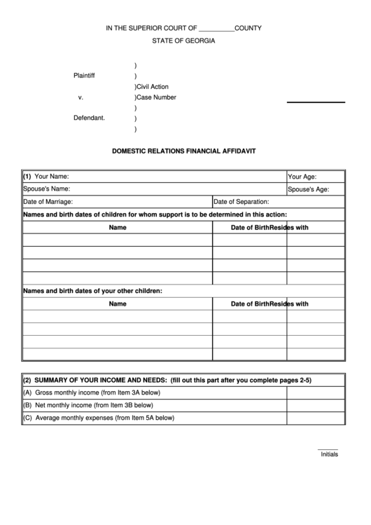 Fillable Domestic Relations Financial Affidavit Printable pdf