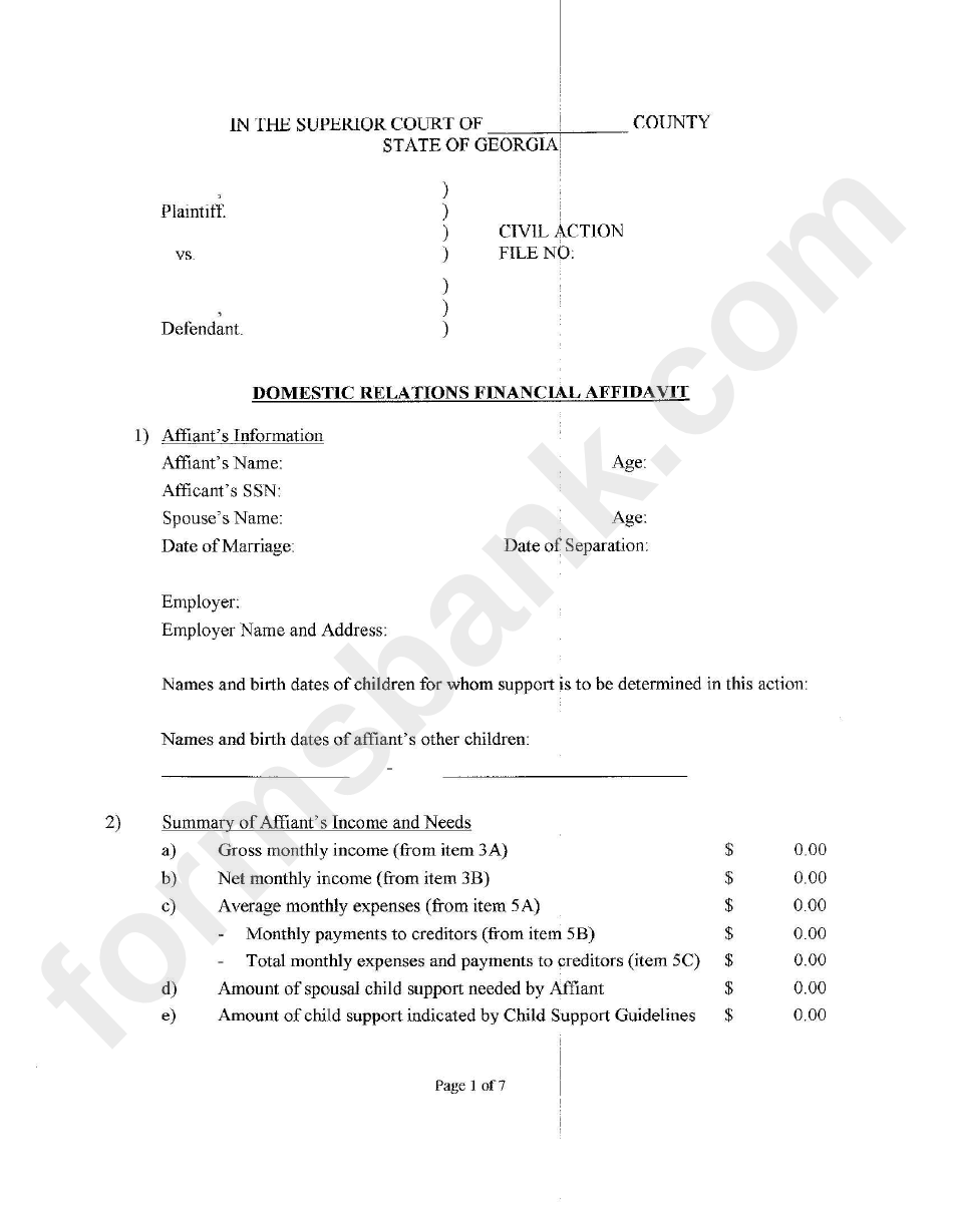 Domestic Relations Financial Affidavit - 2011