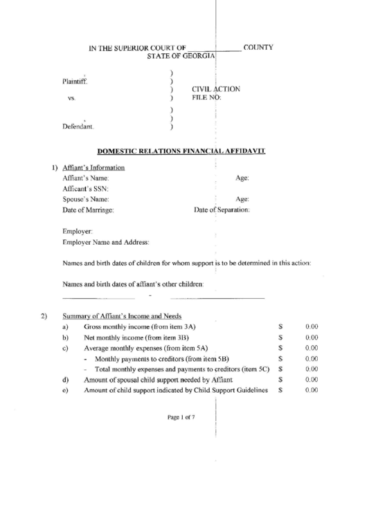 Domestic Relations Financial Affidavit - 2011 Printable pdf