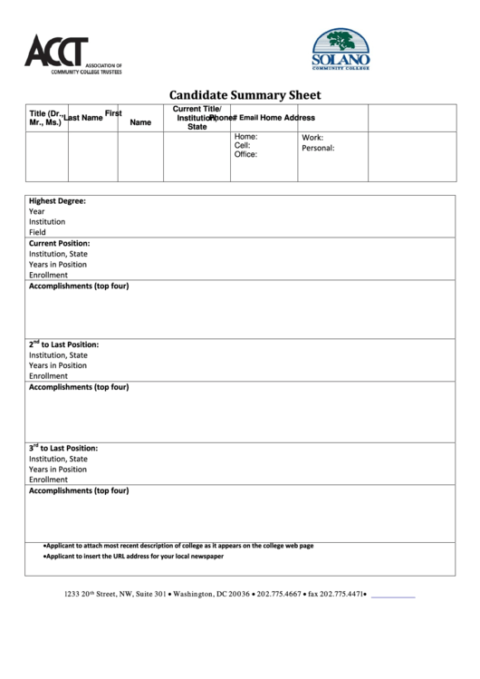 Candidate Summary Sheet printable pdf download