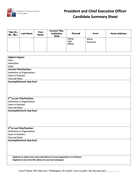 President And Chief Executive Officer Candidate Summary Sheet Printable pdf
