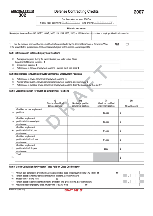 Arizona Form 302 Draft - Defense Contracting Credits - 2007 Printable pdf