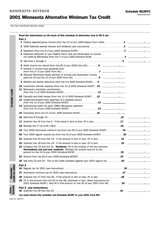Schedule M1mtc - Attachment #17 To Form M1 - Minnesota Alternative Minimum Tax Credit - 2001 Printable pdf