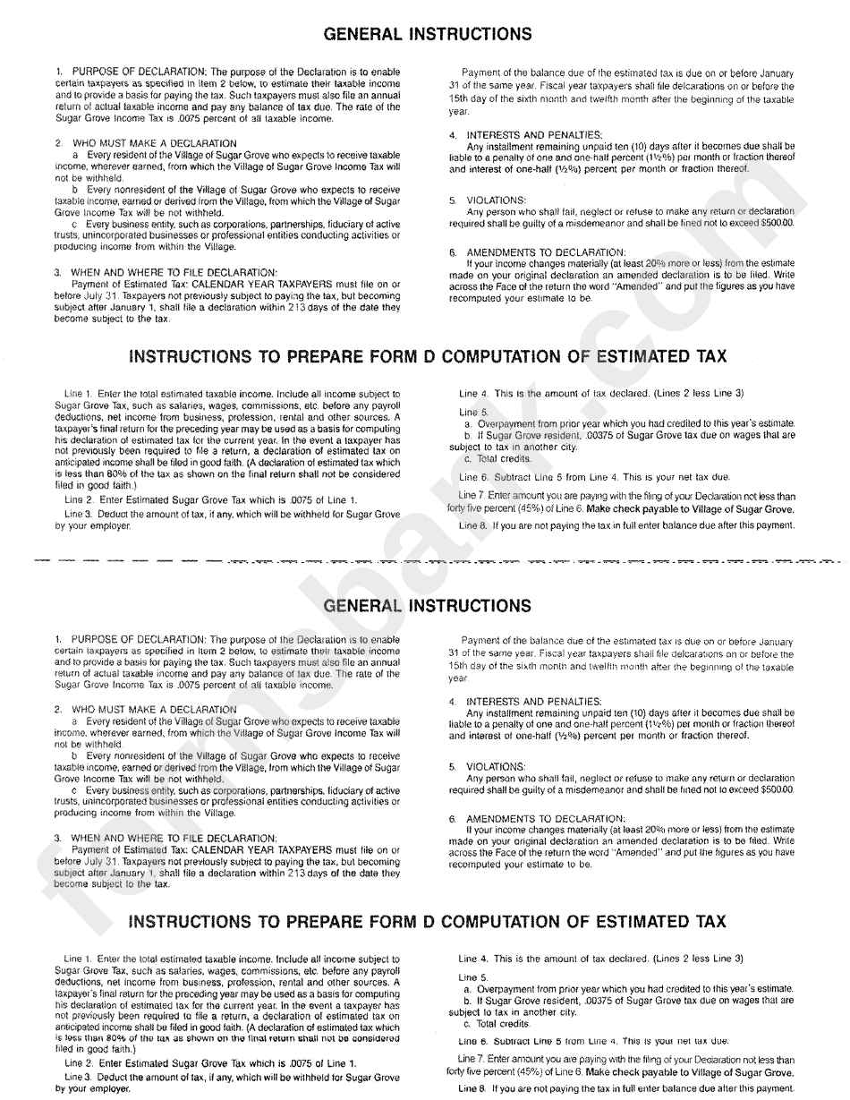 Instructions To Prepare Form D Computation Of Estimated Tax - Village Of Sugar Groove