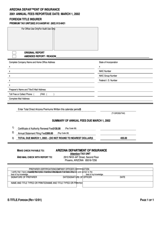 Annual Fees Report - Foreign Title Insurer - Arizona Department Of Insurance - 2001 Printable pdf