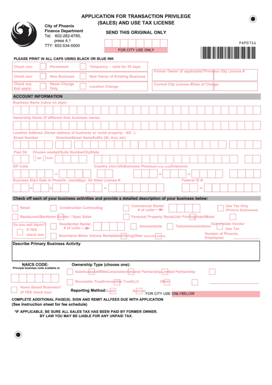Application For Transaction Privilege (Sales) And Use Tax License - City Of Phoenix Finance Department Printable pdf