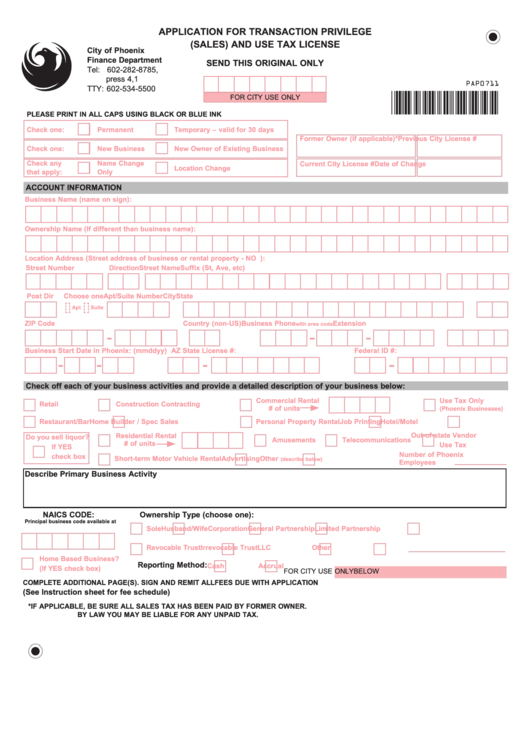 Application For Transaction Privilege Sales And Use Tax License City Of Phoenix Finance