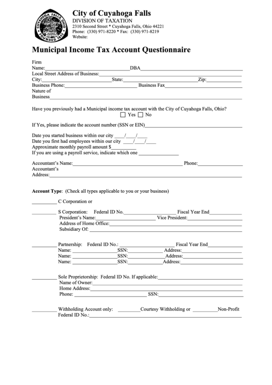 Municipal Income Tax Account Questionnaire - City Of Cuyahoga Falls Printable pdf