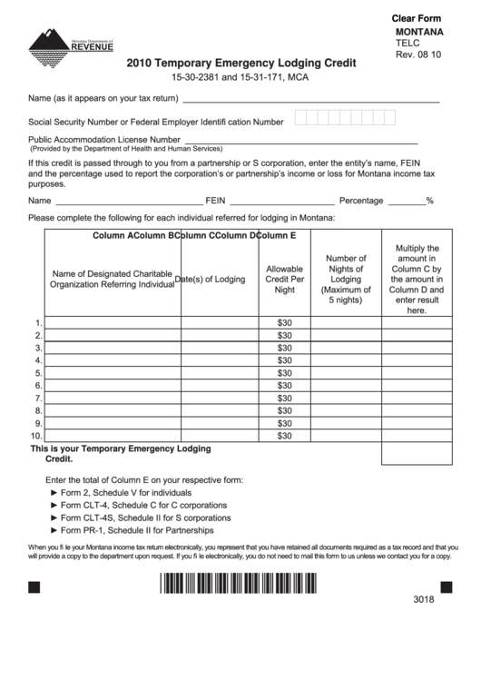 Fillable Montana Form Telc - Temporary Emergency Lodging Credit - 2010 Printable pdf