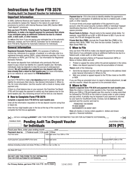 Fillable California Form 3576 (Pit) - Pending Audit Tax Deposit Voucher For Individuals - 2008 Printable pdf