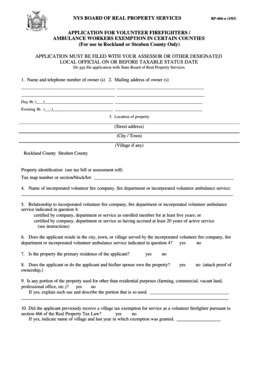 Fillable Form Rp-466-A - Application For Volunteer Firefighters/ambulance Workers Exemption In Certain Counties - 2003 Printable pdf