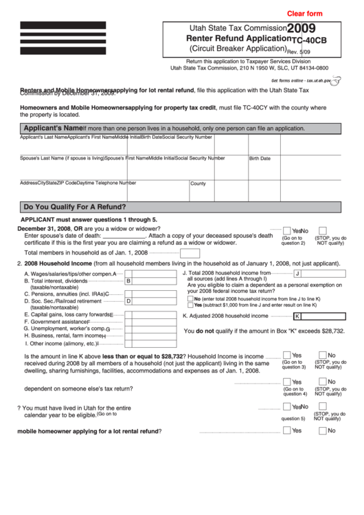 Fillable Form Tc-40cb - Renter Refund Application (Circuit Breaker Application) - 2009 Printable pdf