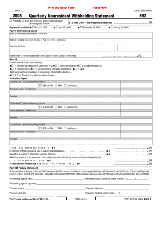 Fillable California Form 592 - Quarterly Nonresident Withholding Statement - 2008 Printable pdf