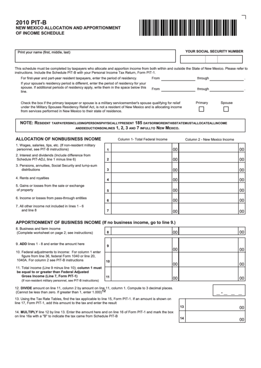 Form Pit-B - New Mexico Allocation And Apportionment Of Income Schedule - 2010 Printable pdf