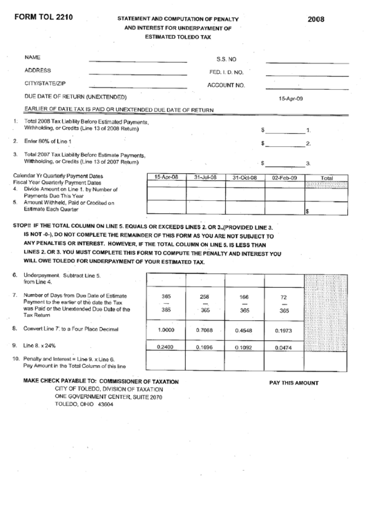 Form Tol 2210 - Statement And Computation Of Penalty And Interest For Underpayment Of Estimated Toledo Tax - 2008 Printable pdf