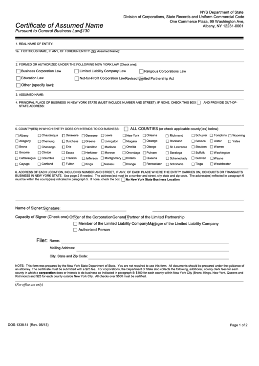 Fillable Form Dos-1338-F-L - Certificate Of Assumed Name - Nys Department Of State Printable pdf